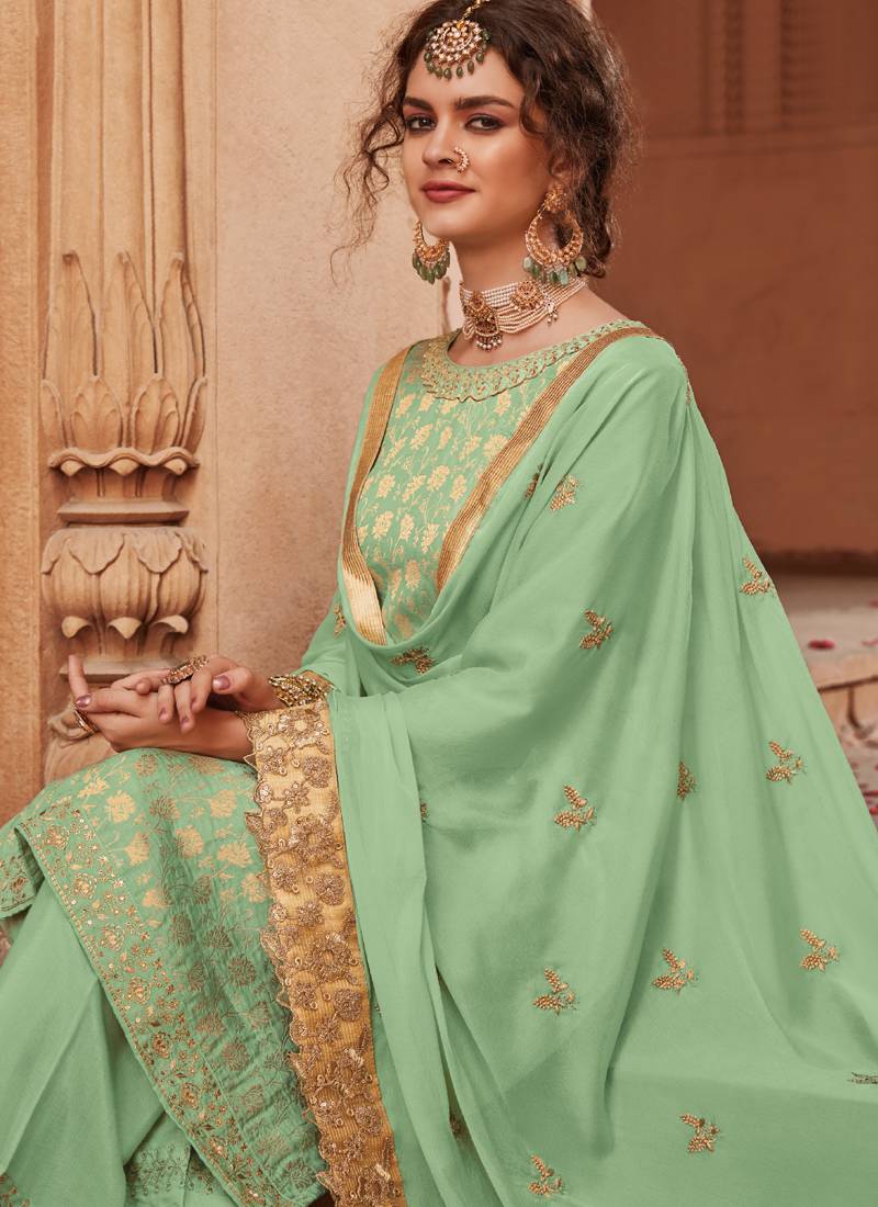 Light Green Golden Embroidered Palazzo Pant Suit Vasu Sarees 3129115