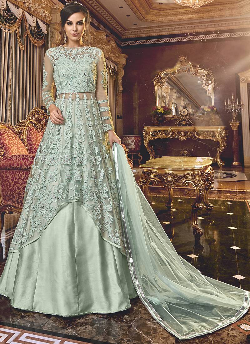 slim fit dress slacks Clara- Green & pink Pakistani Mehendi dress – Karigur main image 1