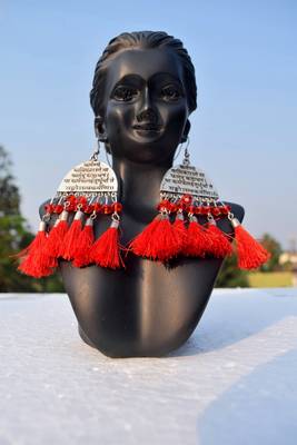 Scripted German Silver Oxidised Afghani Tribal Boho Party Wear Red Tassel Dangler 2