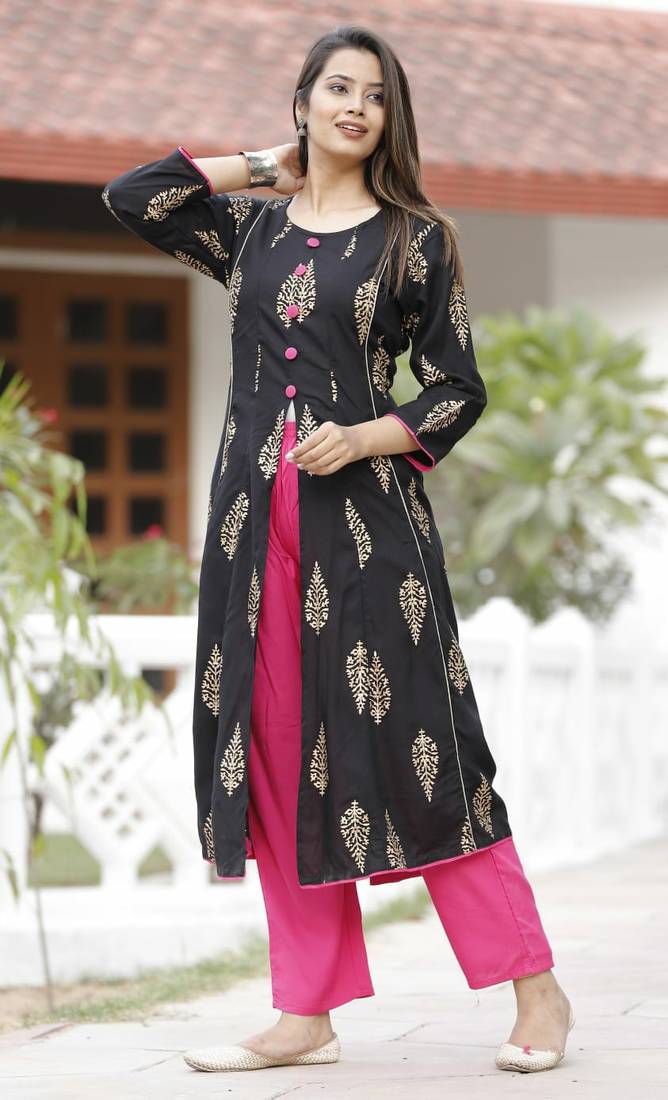 Black Rayon Kurti 12 Kali With Pant