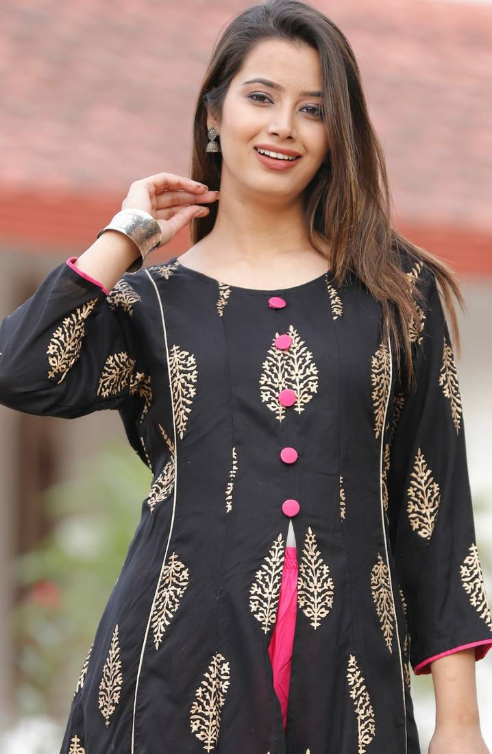 Black Rayon Kurti 12 Kali With Pant