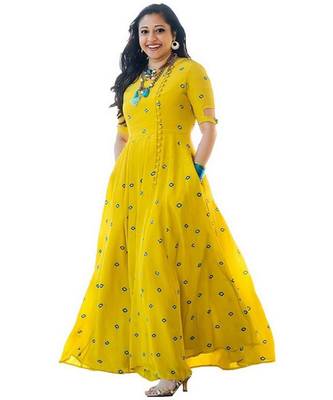 Yellow Rayon Mirror Work Long Kurti 1