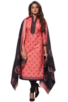 Pink Black Printed Unstitched Synthetic Dress Material With Printed Dupatta 1