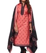 Pink Black Printed Unstitched Synthetic Dress Material With Printed Dupatta