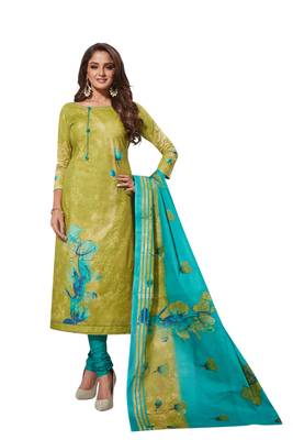 Green Sky Blue Printed Unstitched Synthetic Dress Material With Printed Dupatta 1