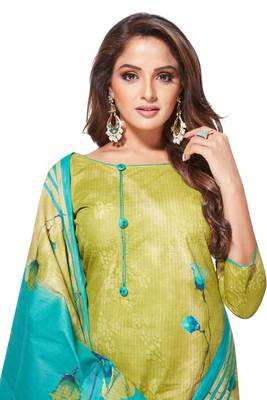 Green Sky Blue Printed Unstitched Synthetic Dress Material With Printed Dupatta 4