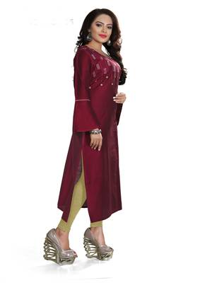 Maroon Embroidered Silk Silk Kurtis 3