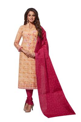 Beige Red Printed Unstitched Synthetic Dress Material With Printed Dupatta 1