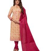 Beige Red Printed Unstitched Synthetic Dress Material With Printed Dupatta