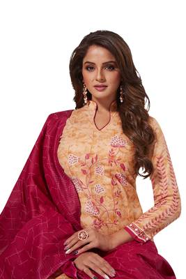 Beige Red Printed Unstitched Synthetic Dress Material With Printed Dupatta 4
