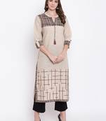 beige embroidered cotton ethnic-kurtis