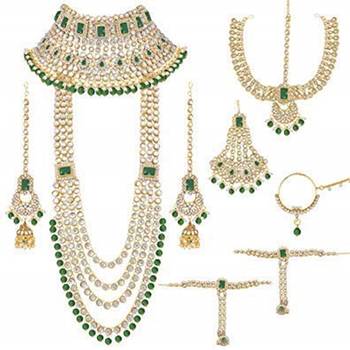 Designer Ethnic Indian Bollywood Style White Green 9 pc Full Bridal Jewelry set 1