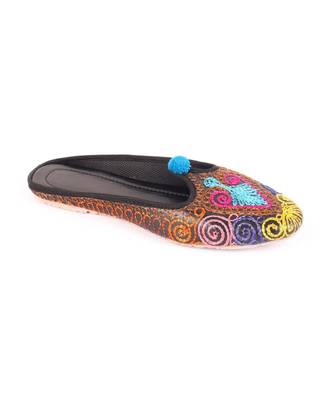 Black Faux Leather Flat Mules With Pom Pom 3