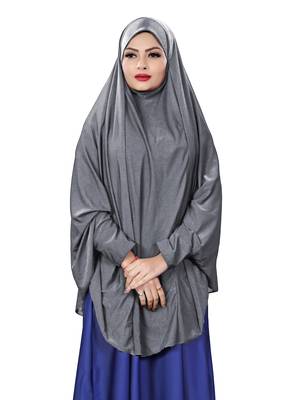 Justkartit Bluish Grey Stitched Jersey Cotton Islamic Chaderi Hijab With Veil And Sleeves 1