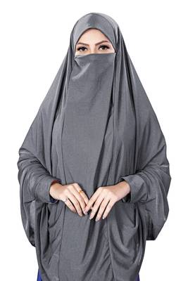Justkartit Bluish Grey Stitched Jersey Cotton Islamic Chaderi Hijab With Veil And Sleeves 2