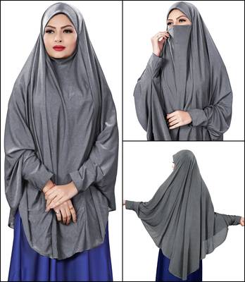 Justkartit Bluish Grey Stitched Jersey Cotton Islamic Chaderi Hijab With Veil And Sleeves 5