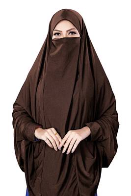 Justkartit Brown Color Stitched Jersey Cotton Islamic Chaderi Hijab With Veil And Sleeves 2