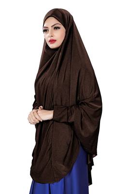 Justkartit Brown Color Stitched Jersey Cotton Islamic Chaderi Hijab With Veil And Sleeves 4