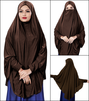 Justkartit Brown Color Stitched Jersey Cotton Islamic Chaderi Hijab With Veil And Sleeves 5