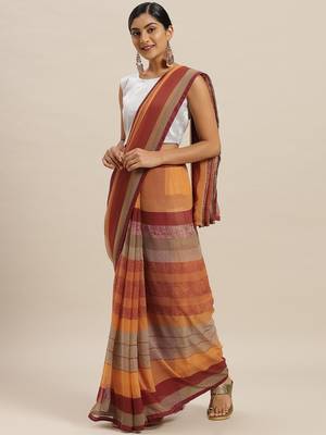 Orange printed georgette saree with blouse 1