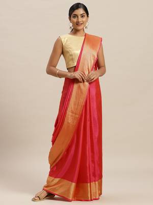 Pink printed silk cotton saree with blouse 1
