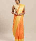 Yellow printed silk cotton saree with blouse
