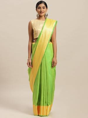 Green printed silk cotton saree with blouse 1