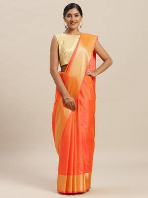 Peach printed silk cotton saree with blouse 1