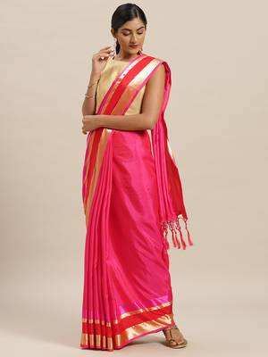 Pink printed silk cotton saree with blouse 1