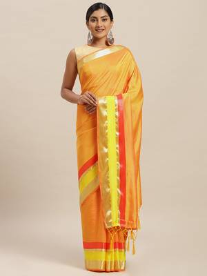 Yellow printed silk cotton saree with blouse 1