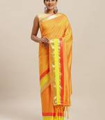 Yellow printed silk cotton saree with blouse
