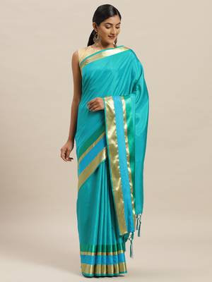 Turquoise printed silk cotton saree with blouse 1