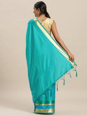 Turquoise printed silk cotton saree with blouse 2