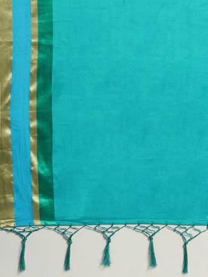 Turquoise printed silk cotton saree with blouse 4