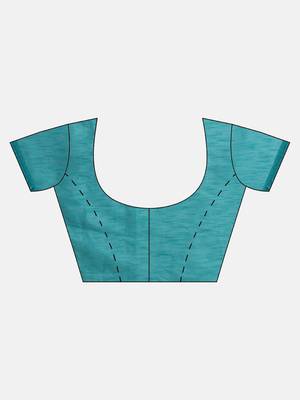 Turquoise printed silk cotton saree with blouse 5