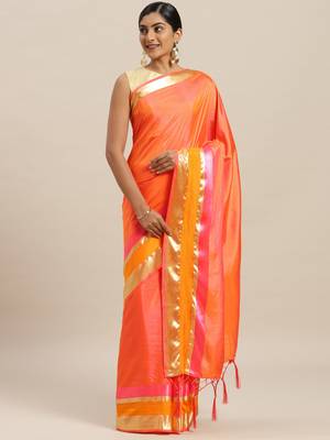 Peach printed silk cotton saree with blouse 1