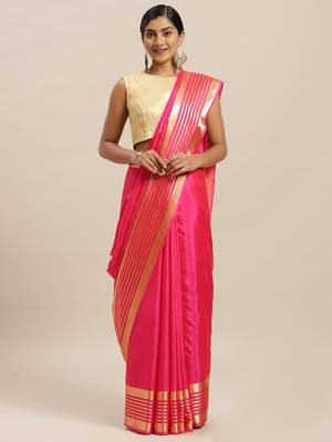 Pink printed silk cotton saree with blouse 1