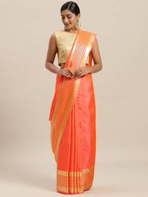 Orange printed silk cotton saree with blouse 1