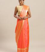 Orange printed silk cotton saree with blouse
