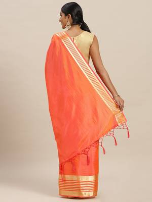Orange printed silk cotton saree with blouse 2