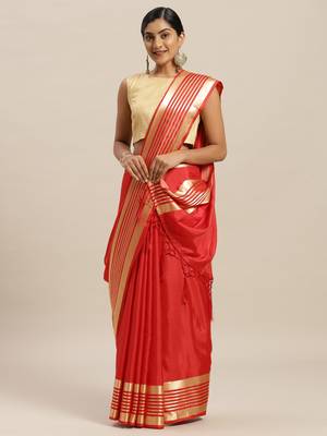 Red printed silk cotton saree with blouse 1