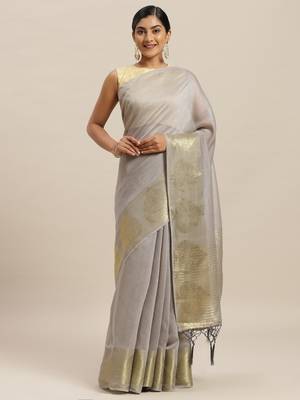 Grey printed silk cotton saree with blouse 1
