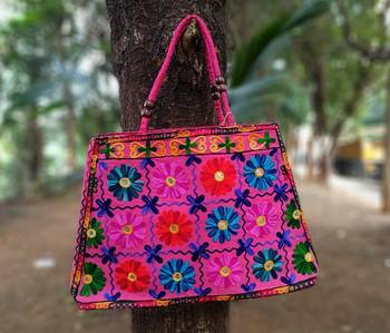 Pink Colored Based Flower Pattern Embroidered Worked Foil Patched Banjara Tote Bag With Non Adjustable Dori 1