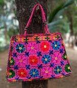 Pink Colored Based Flower Pattern Embroidered Worked Foil Patched Banjara Tote Bag With Non Adjustable Dori