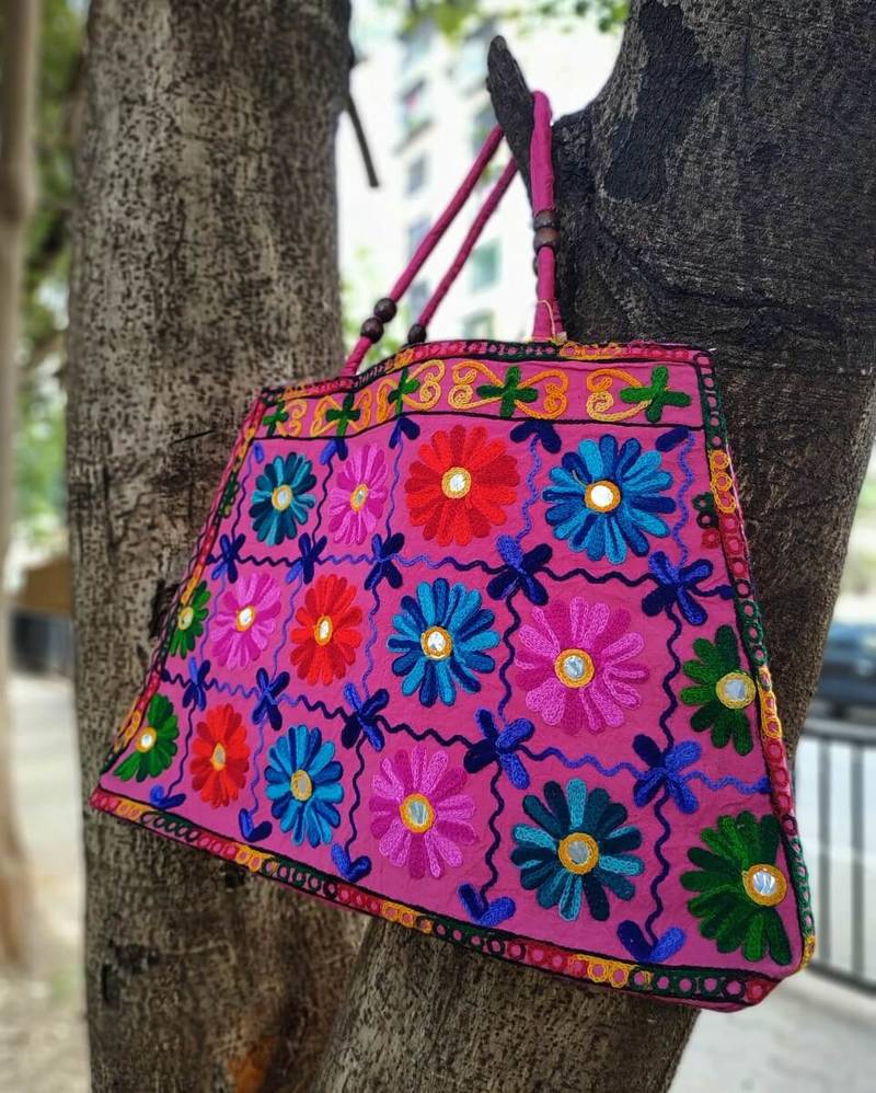 Pink Colored Based Flower Pattern Embroidered Worked Foil Patched Banjara Tote Bag With Non Adjustable Dori