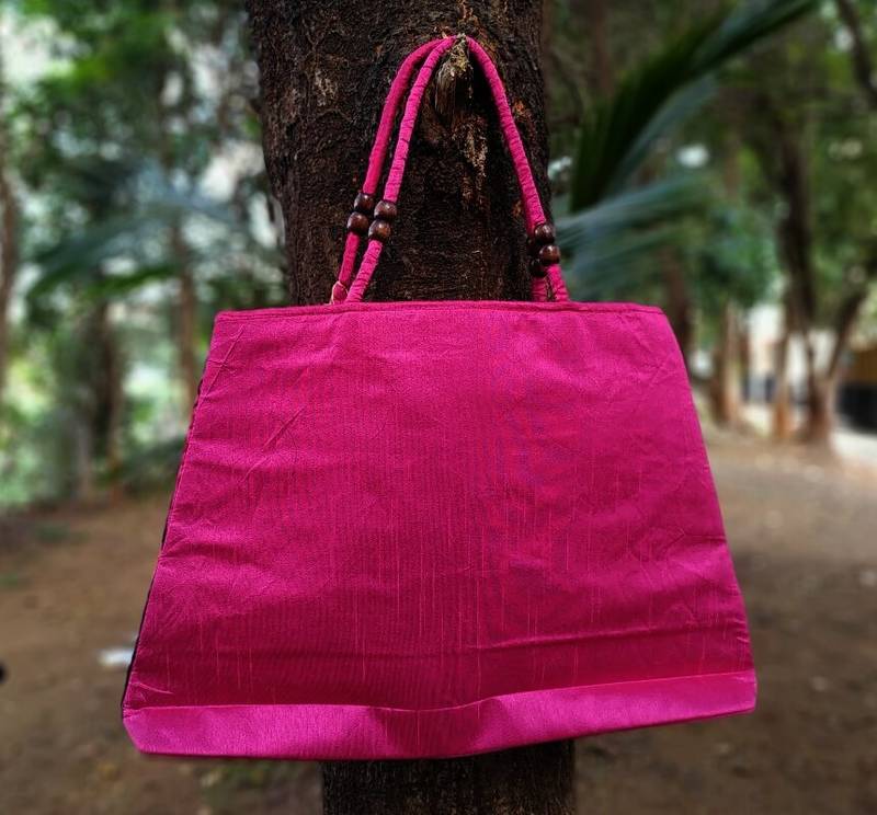 Pink Colored Based Flower Pattern Embroidered Worked Foil Patched Banjara Tote Bag With Non Adjustable Dori