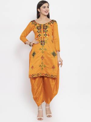 Orange Chanderi Silk Women's Unstitched Phulkari Dress Material 3