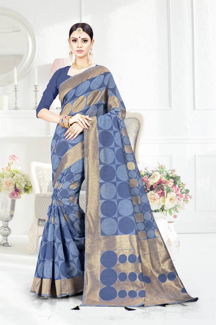 Dark blue woven silk saree with blouse