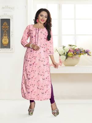 Pink Printed Rayon Long Kurtis 1