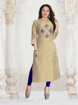 Beige Embroidered Silk Silk Kurtis 2